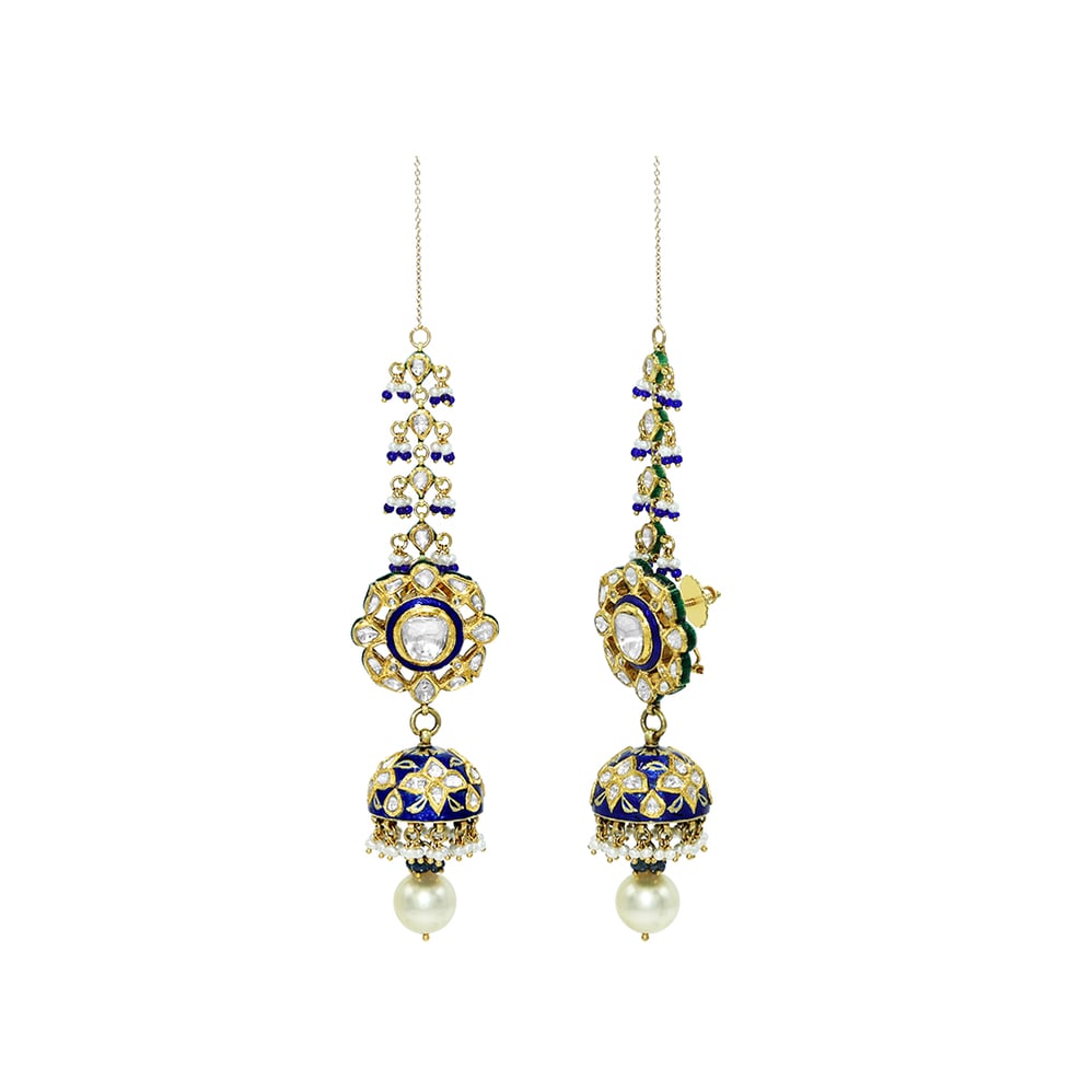 Blue Meenakari Jhumki Earrings with Polki and Pearl Drops